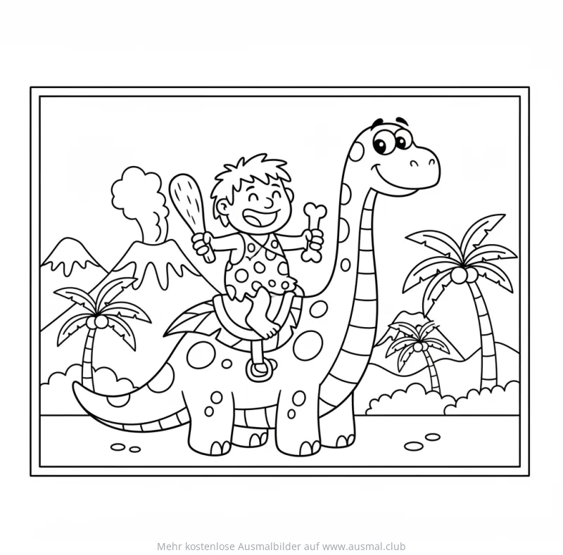 Höhlenmensch reitet auf Dinosaurier Ausmalbild