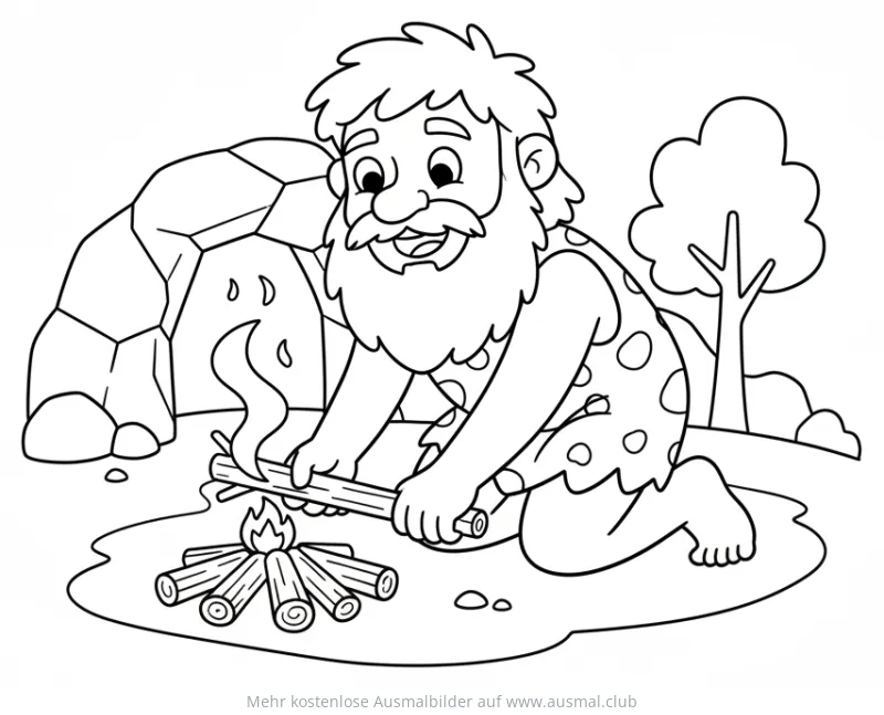 Höhlenmensch beim Feuer machen Ausmalbild