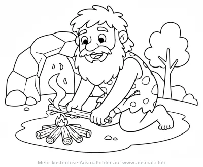 Höhlenmensch beim Feuer machen Ausmalbild