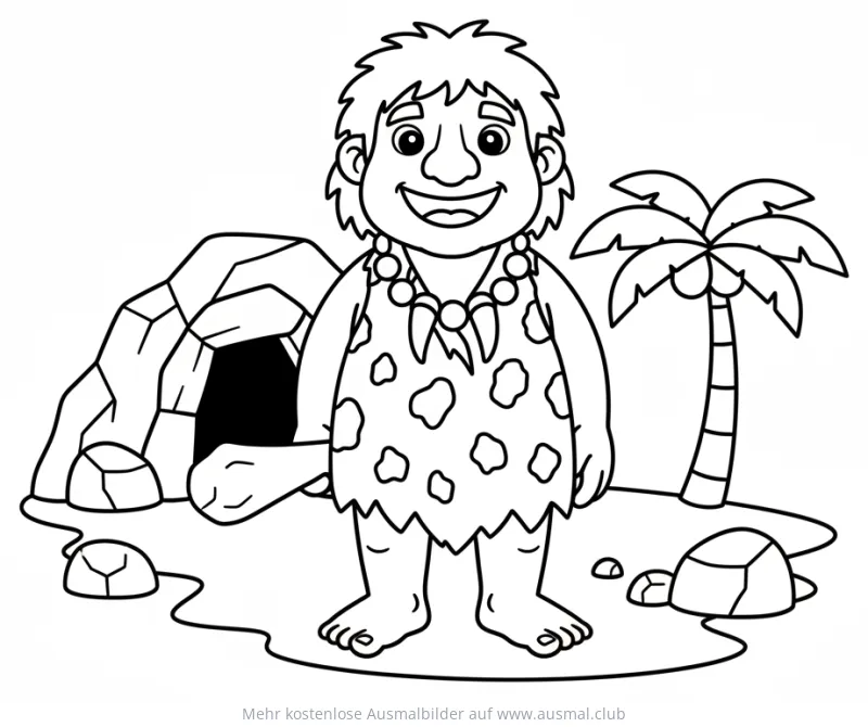 Lächelnder Höhlenmensch mit Fellkleid und Zahnkette vor Höhle Ausmalbild