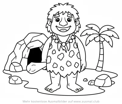 Lächelnder Höhlenmensch mit Fellkleid und Zahnkette vor Höhle Ausmalbild