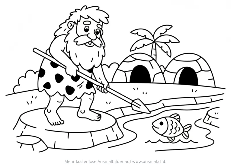 Steinzeitlicher Höhlenmensch beim Fischfang Ausmalbild