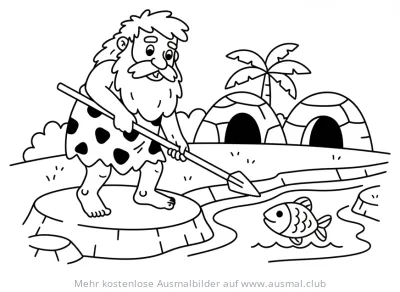 Steinzeitlicher Höhlenmensch beim Fischfang Ausmalbild