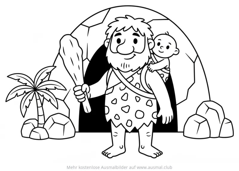 Höhlenmensch mit Baby vor Höhle Ausmalbild