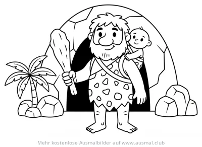 Höhlenmensch mit Baby vor Höhle Ausmalbild