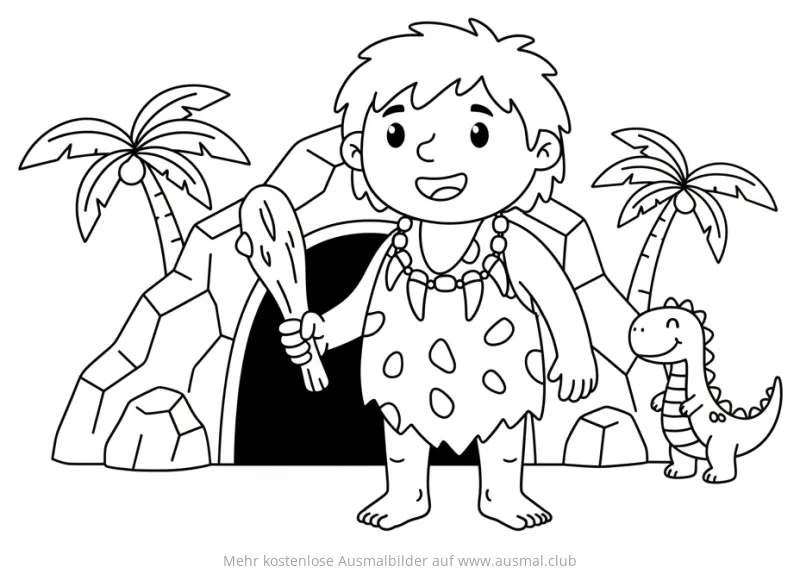 Höhlenmensch mit Keule und Dino vor Höhle Ausmalbild