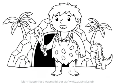 Höhlenmensch mit Keule und Dino vor Höhle Ausmalbild