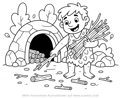 Steinzeitjunge sammelt Holz vor Steinhütte Ausmalbild