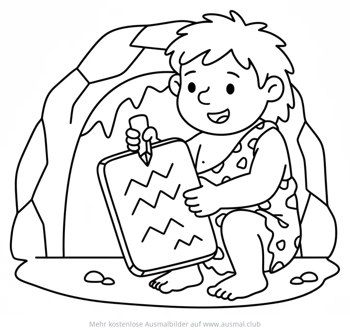 Höhlenmensch Junge schreibt auf Steintafel Ausmalbild