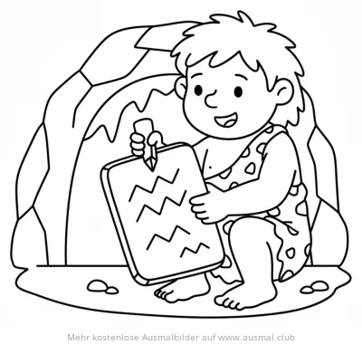 Höhlenmensch Junge schreibt auf Steintafel Ausmalbild