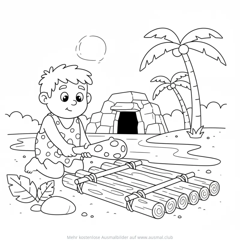 Höhlenjunge baut Floß am Strand Ausmalbild