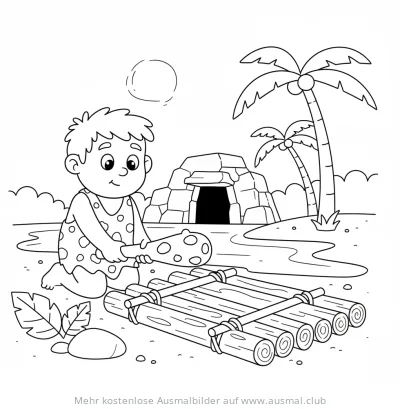 Höhlenjunge baut Floß am Strand Ausmalbild