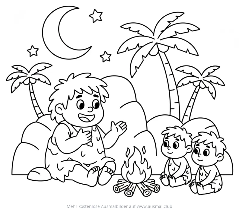 Höhlenmensch erzählt Geschichten am Lagerfeuer Ausmalbild