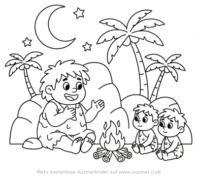 Höhlenmensch erzählt Geschichten am Lagerfeuer Ausmalbild