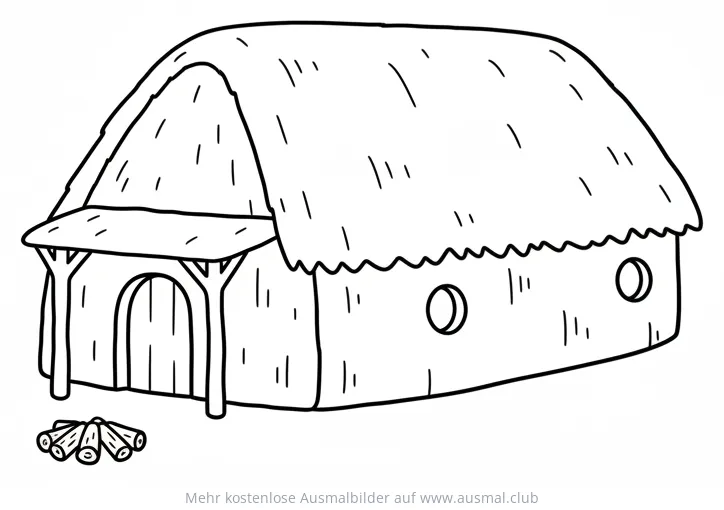 Steinzeit Langhaus Ausmalbild mit Strohdach