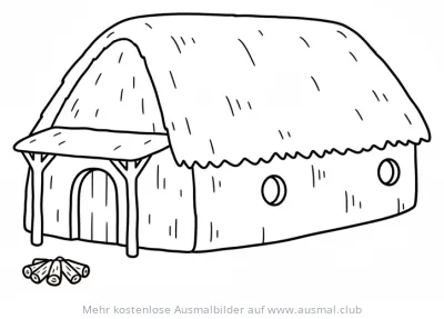 Steinzeit Langhaus Ausmalbild mit Strohdach