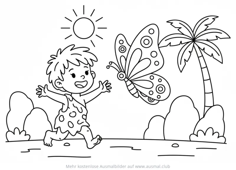 Steinzeitjunge jagt Schmetterling Ausmalbild mit Palme und Sonne
