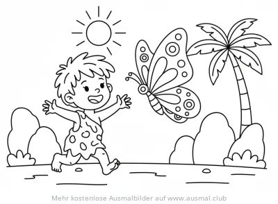 Steinzeitjunge jagt Schmetterling Ausmalbild mit Palme und Sonne