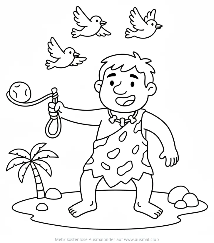 Höhlenmensch mit Schleuder auf Insel mit Vögeln Ausmalbild