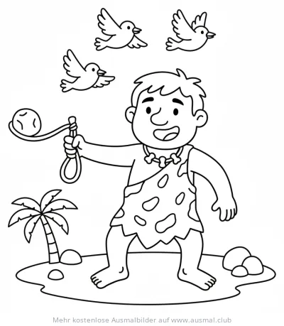 Höhlenmensch mit Schleuder auf Insel mit Vögeln Ausmalbild