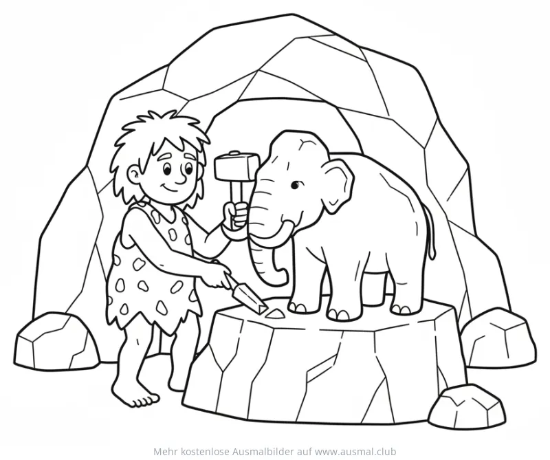 Höhlenmensch fertigt Mammut Statue Ausmalbild