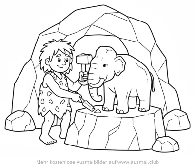 Höhlenmensch fertigt Mammut Statue Ausmalbild