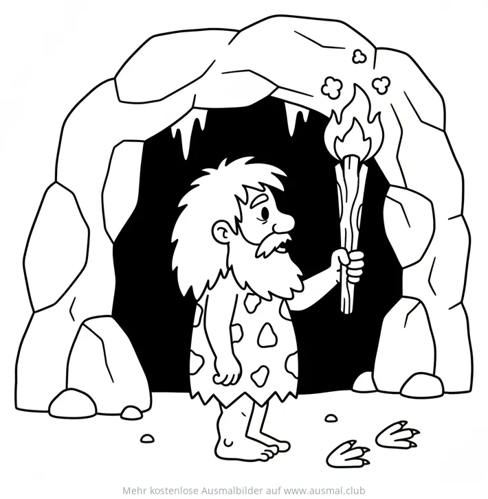 Höhlenmensch mit Fackel vor Höhleneingang Ausmalbild