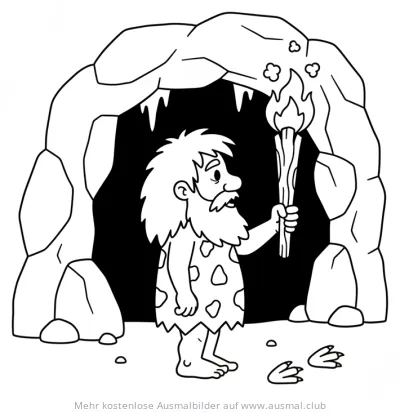 Höhlenmensch mit Fackel vor Höhleneingang Ausmalbild
