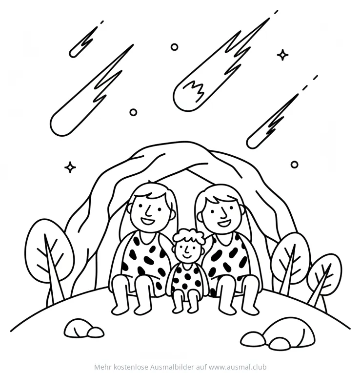 Steinzeit Familie vor Höhle beobachtet Sternschnuppen Ausmalbild