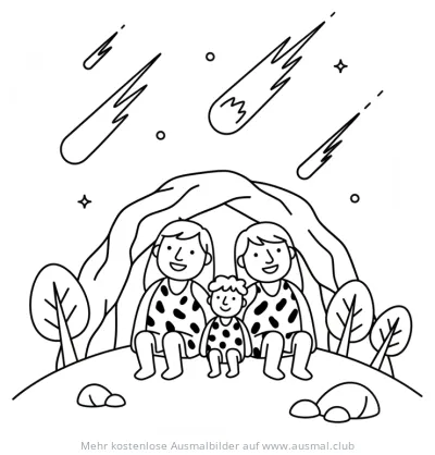 Steinzeit Familie vor Höhle beobachtet Sternschnuppen Ausmalbild