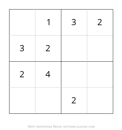 Ein 4x4 Sudoku Rätsel für Kinder im Alter von 4 bis 6 Jahren, Schwierigkeitsgrad leicht.