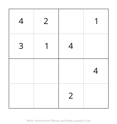 Sudoku 4x4 mit einfacher Schwierigkeit, geeignet für Kinder im Alter von 4 bis 6 Jahren.