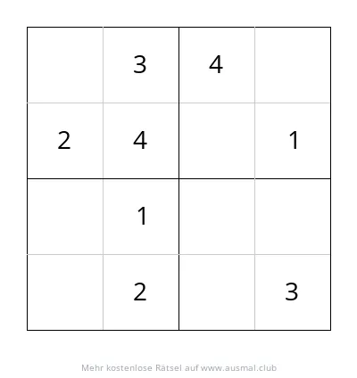 Sudoku 4x4 Rätsel für Kinder, leicht, mit 4x4 Feldern.