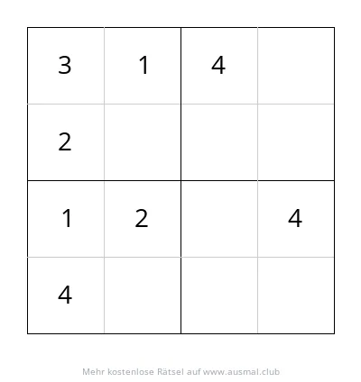 Sudoku 4x4 mit Tiermotiven, Schwierigkeitsgrad leicht, für Kinder im Alter von 4 bis 6 Jahren. Leeres Sudoku-Gitter.