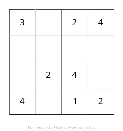 Ein 4x4 Sudoku Rätsel für Kinder, Schwierigkeitsgrad: leicht. Das Raster ist teilweise mit Zahlen gefüllt.