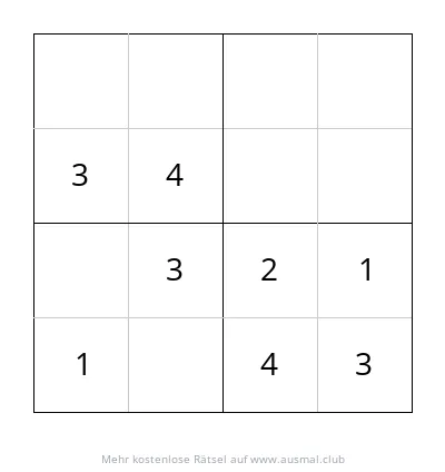 Sudoku 4x4 mit Tieren, Schwierigkeit leicht, für Kinder im Alter von 4 bis 6 Jahren.