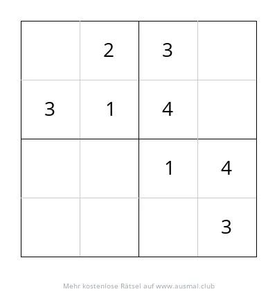 Sudoku 4x4 Rätsel für Kinder im Alter von 4-6 Jahren, Schwierigkeitsgrad: Leicht. Das Gitter besteht aus 4x4 Feldern.