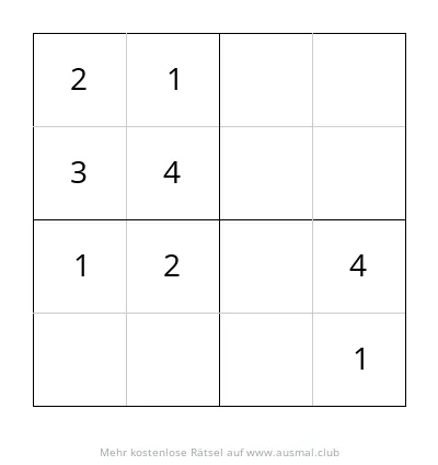 Ein 4x4 Sudoku Rätsel mit Tieren, Schwierigkeit leicht, für Kinder im Vorschulalter.