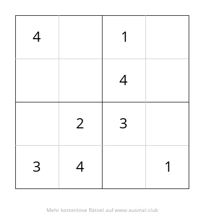 Sudoku-Rätsel 4x4, Schwierigkeitsgrad leicht, für Kinder im Alter von 4 bis 6 Jahren.