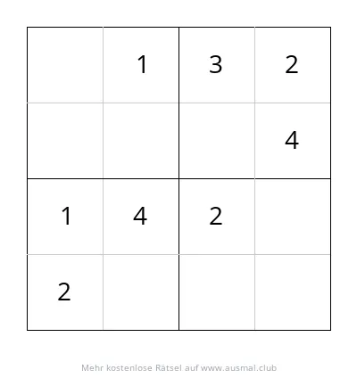 Sudoku 4x4 mit leichtem Schwierigkeitsgrad für Kinder im Alter von 4 bis 6 Jahren.