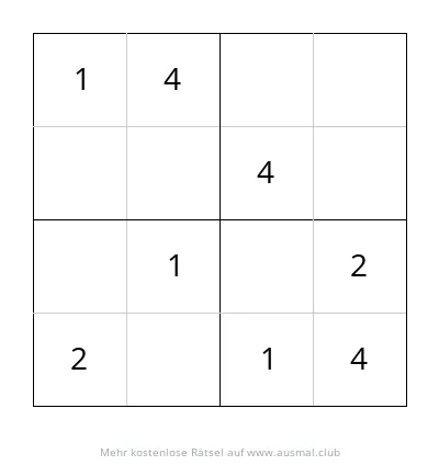 Sudoku 4x4 Rätsel für Kinder, Schwierigkeit: Leicht. Das Raster enthält Zahlen von 1 bis 4.