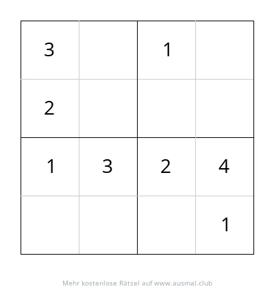 Ein Sudoku 4x4 Rätsel für Kinder, Schwierigkeitsgrad leicht, mit teilweise ausgefüllten Feldern.