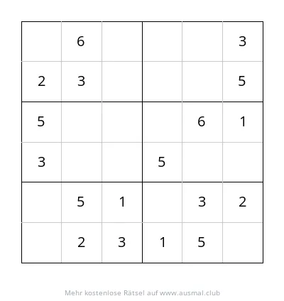 Sudoku-Rätsel 6x6, leicht, für Kinder im Alter von 4 bis 6 Jahren. Leeres Gitter mit Zahlen.