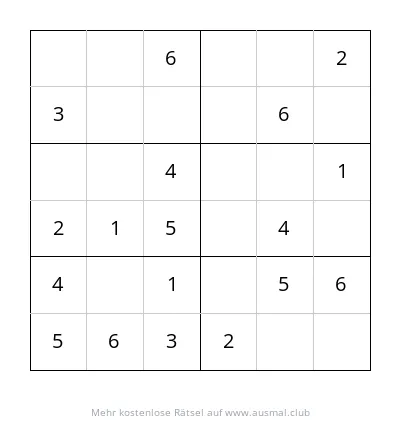 Sudoku 6x6 für Kinder, leicht, 6x6 Felder mit Zahlen, zum Ausdrucken