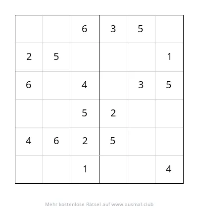 Sudoku 6x6 Rätsel, leicht, für Kinder von 4 bis 6 Jahren. Leere Felder müssen mit den Zahlen 1 bis 6 gefüllt werden.