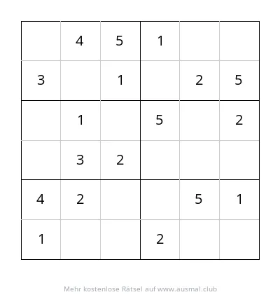 Sudoku 6x6, leicht, für Kinder im Alter von 4-6 Jahren. Leeres Gitter zum Ausfüllen mit Zahlen von 1 bis 6.