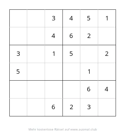 Sudoku 6x6 mit leichtem Schwierigkeitsgrad für Kinder im Alter von 4 bis 6 Jahren. Das Raster ist 6x6 Felder groß.