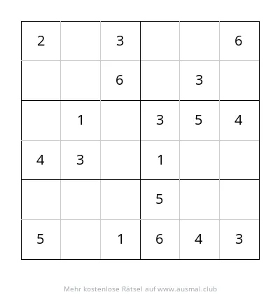 Ein leichtes 6x6 Sudoku-Rätsel für Kinder im Alter von 4-6 Jahren.