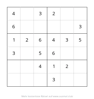 Sudoku-Rätsel 6x6, Schwierigkeitsgrad leicht, für Kinder von 4 bis 6 Jahren zum Ausdrucken.