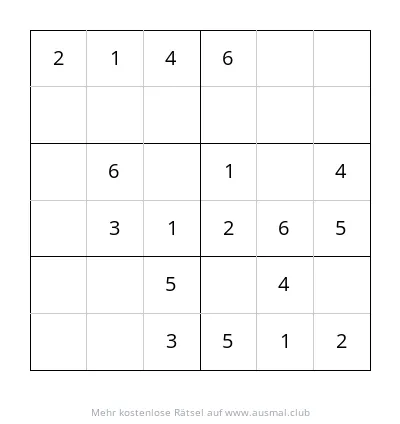 Ein 6x6 Sudoku Rätsel mit leichtem Schwierigkeitsgrad für Kinder im Alter von 4-6 Jahren.